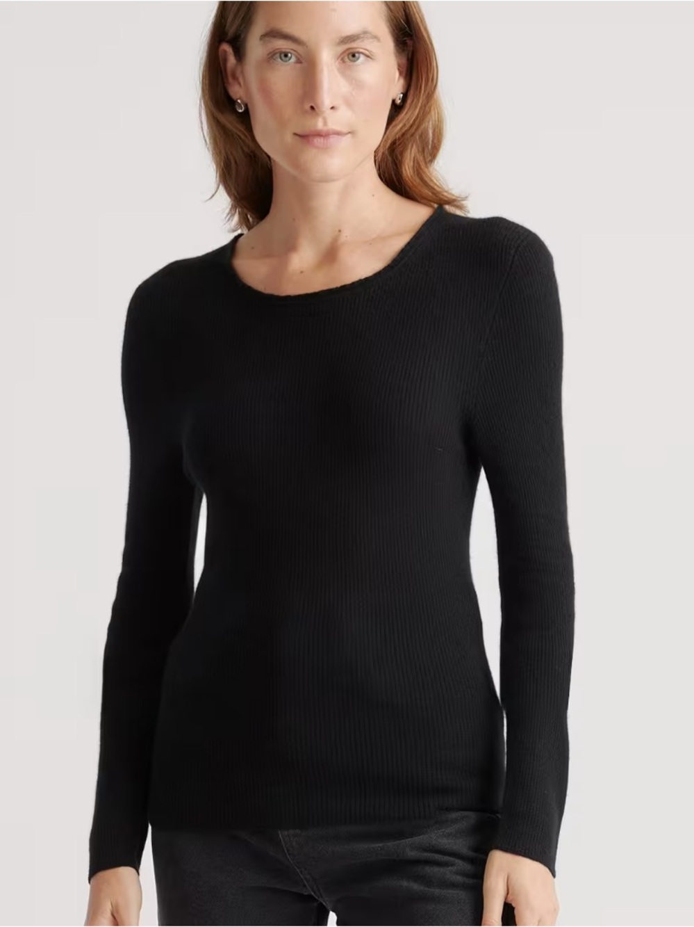 Quince Feather Weight Cashmere Black Ribbed Crewneck Women's Sweater S Capsule